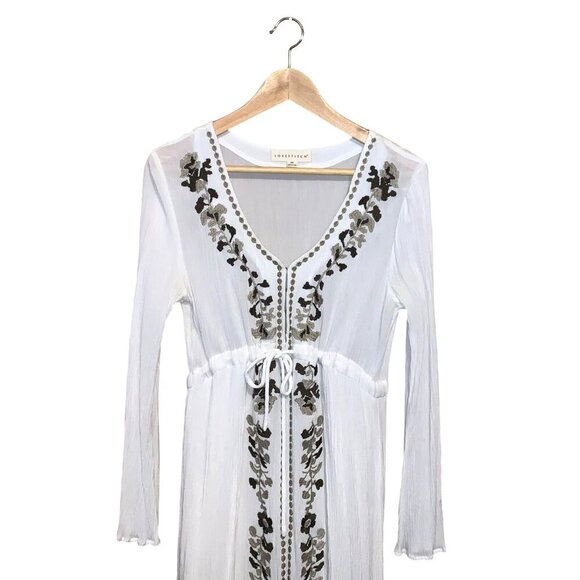 Lovestitch White Long Sleeve Tan Brown Floral Embroidered Flowy Maxi Dress M - Picture 2 of 7
